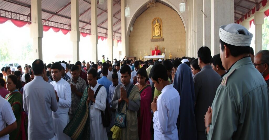 Modląc się wierni pod pielgrzymką św. Antoniego w Gazipur w Bangladeszu podczas politycznych napięć