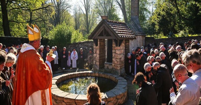 Grupa pielgrzymów modli się przy źródle w Banneux, z kapłanem trzymającym monstrancję, na tle kaplicy.