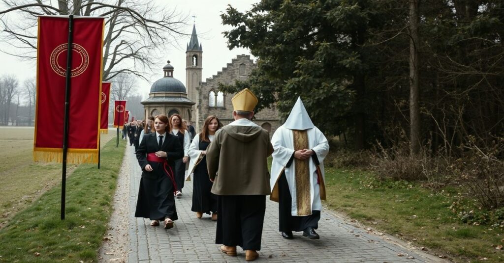 Młoda grupa wiernych idąca w procesji do grobu rzekomego św. Wojciecha w Gnieźnie, bez obecności Chrystusa Króla i z modernistycznym duchowieństwem.