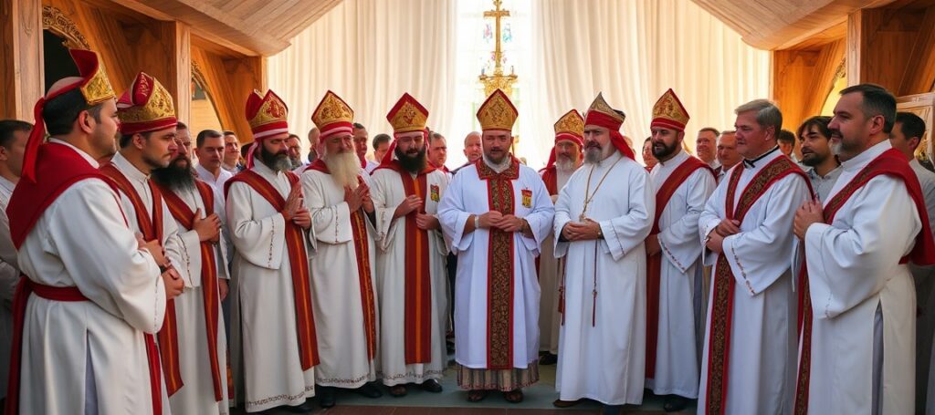 Grupa pielgrzymów w Piekarach Śląskich podczas ceremonii z udziałem uzurpatora Leonem XIV i arcybiskupem Andrzejem Przybylskim.
