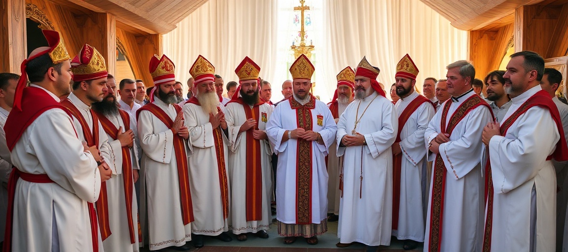 Grupa pielgrzymów w Piekarach Śląskich podczas ceremonii z udziałem uzurpatora Leonem XIV i arcybiskupem Andrzejem Przybylskim.