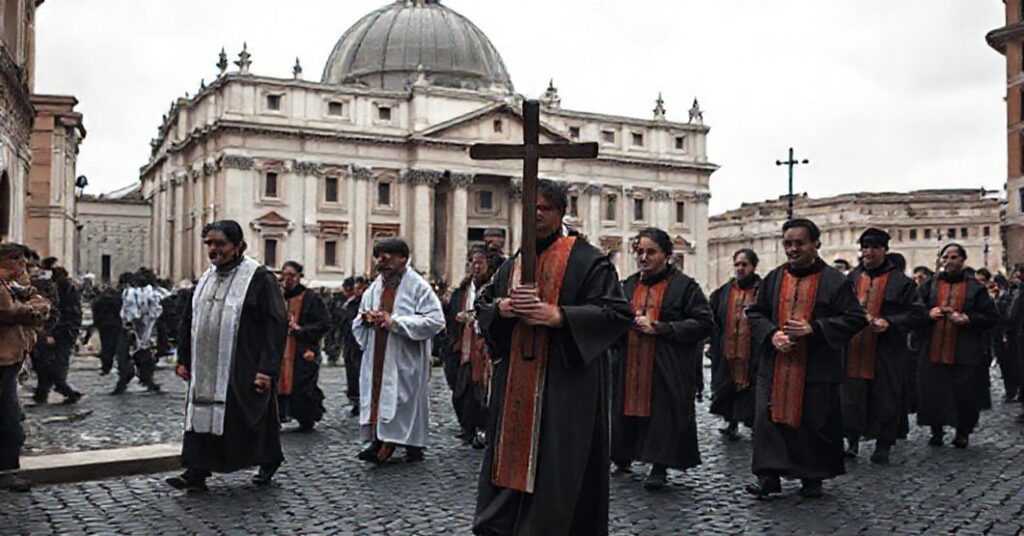 Grupa osób bezdomnych podczas rzekomej pielgrzymki do Rzymu pod przewodnictwem modernistycznego duchownego