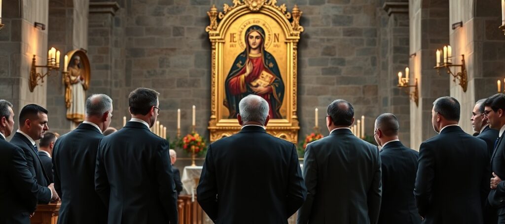 Grupa przedsiębiorców przed wizerunkiem Matki Bożej Częstochowskiej na Jasnej Górze podczas pielgrzymki biznesowej. Na tle odprawiana jest tradycyjna Msza Święta w rytmie trydenckim.