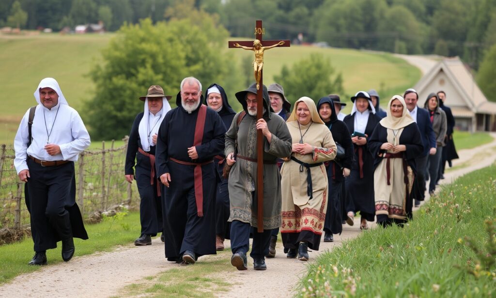 Grupa pielgrzymów pod przewodnictwem ks. Wojciecha Ciołka podczas pielgrzymki Camino Polaco z Polanowic do Gniezna