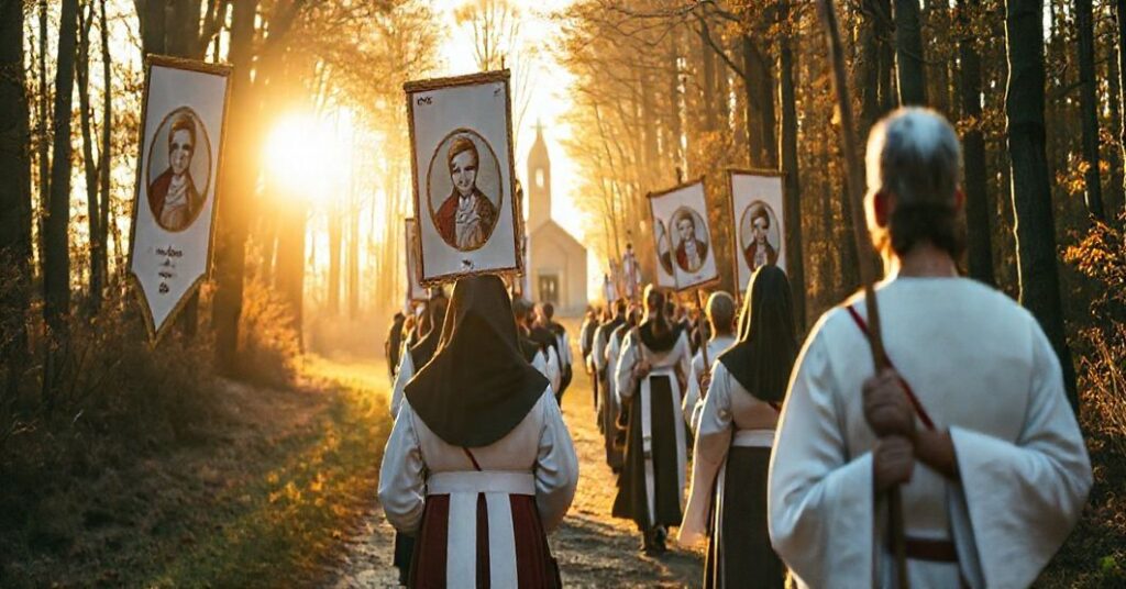 Pielgrzymka wolontariuszy Caritas Diecezji Opolskiej w tradycyjnych strojach katolickich, idąca ścieżką leśną w kierunku kaplicy.