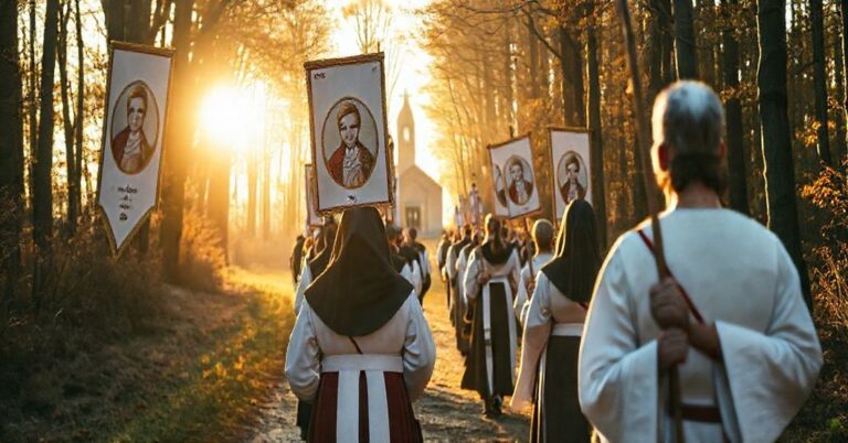 Pielgrzymka wolontariuszy Caritas Diecezji Opolskiej w tradycyjnych strojach katolickich, idąca ścieżką leśną w kierunku kaplicy.