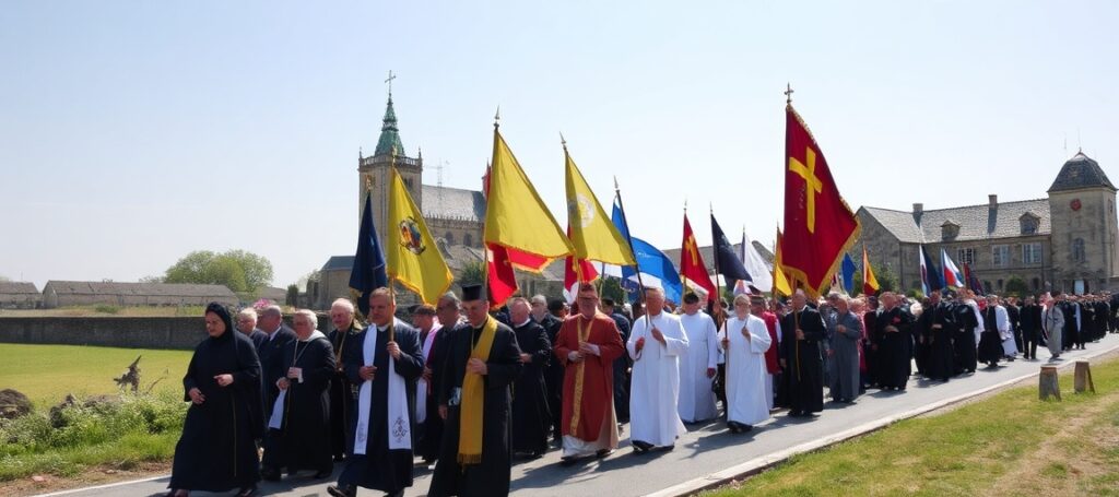 Grupa tradycjonalistów uczestnicząca w pielgrzymce do Chartres z flagą watykańską i bannermi religijnymi
