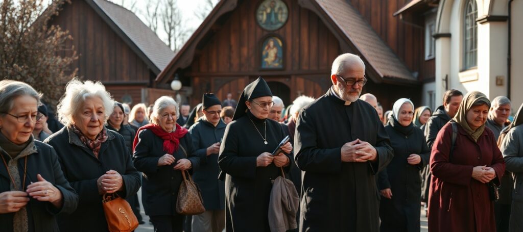 Procesja chorych i starszych pielgrzymów pod przewodnictwem kapłana w kierunku Sanktuarium św. Mikołaja w Pierśćcu