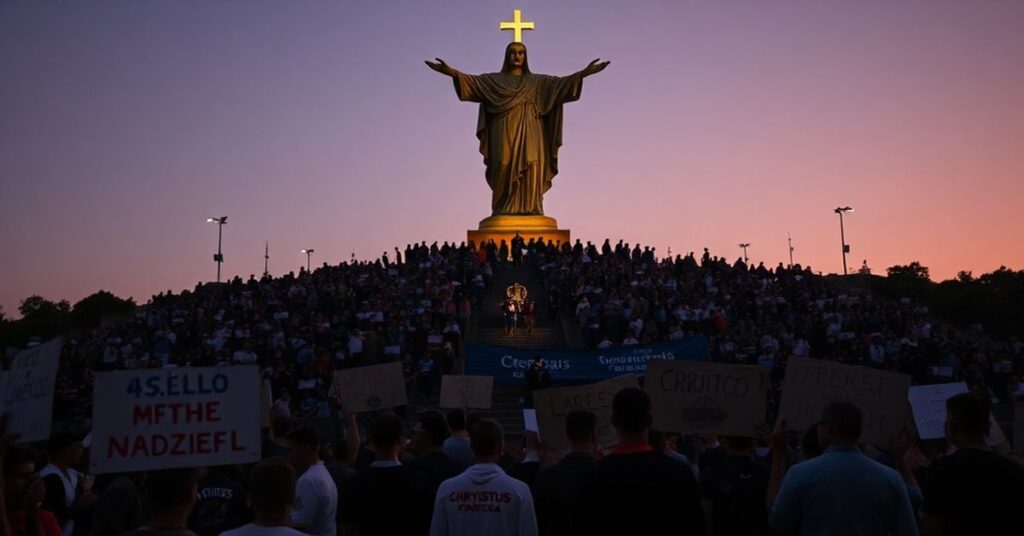 Pielgrzymka do kontrowersyjnego pomnika Chrystusa Króla w Meksyku, 2026 - grupa młodych ludzi pod pomnikiem bez korony i berła.