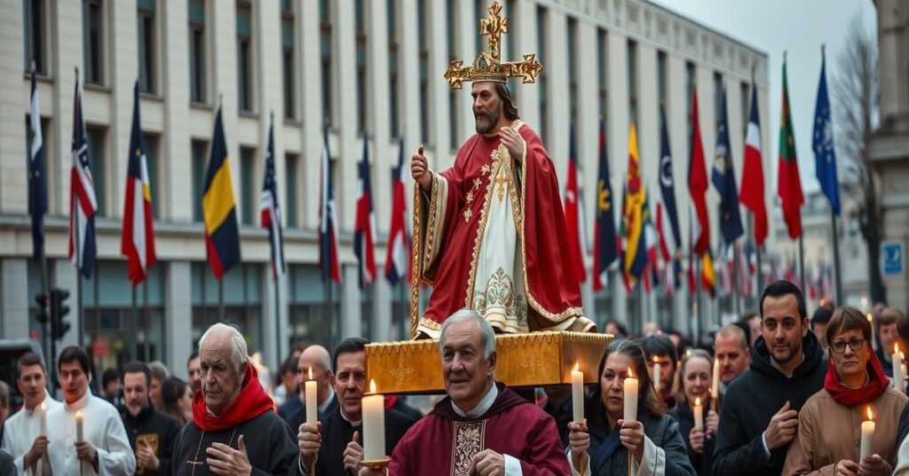 Pielgrzymka katolicka z figurą Chrystusa Króla na tle budynków NATO