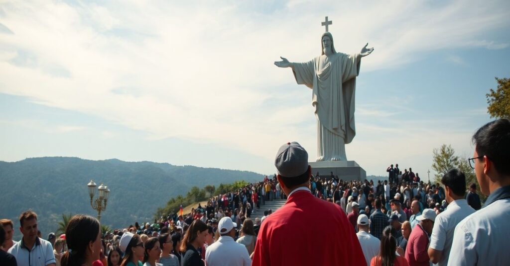 Tradycyjna pielgrzymka katolicka do pomnika Chrystusa Króla na wzgórzu Cubilete w Meksyku z tysiącami młodych osób modlących się w poważnej atmosferze.