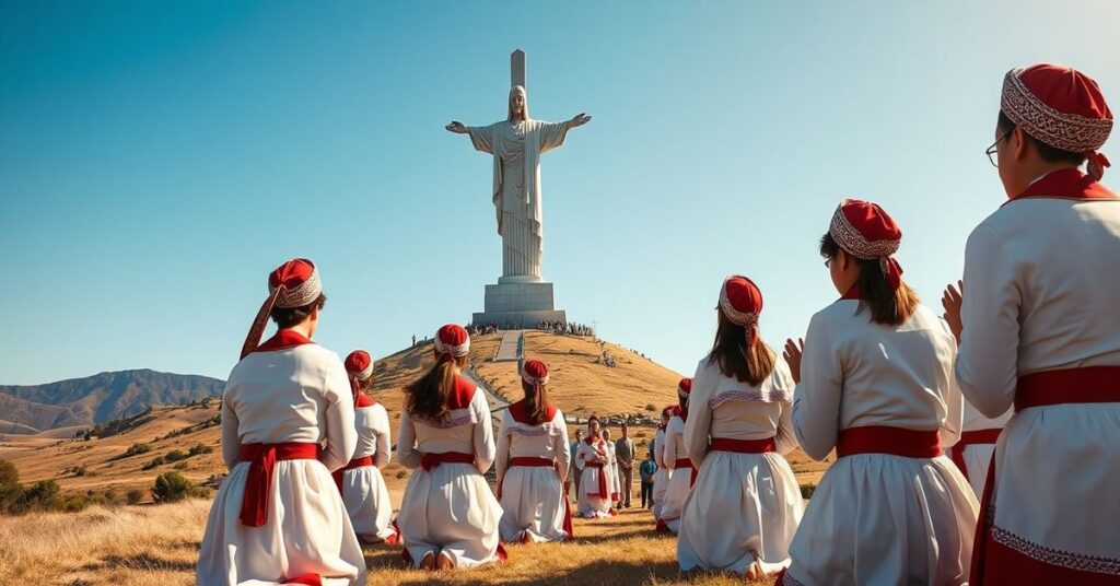 Grupa tradycyjnych młodzieżowych katolików modląca się przed pomnikiem Chrystusa Króla na wzgórzu Cubilete w Meksyku