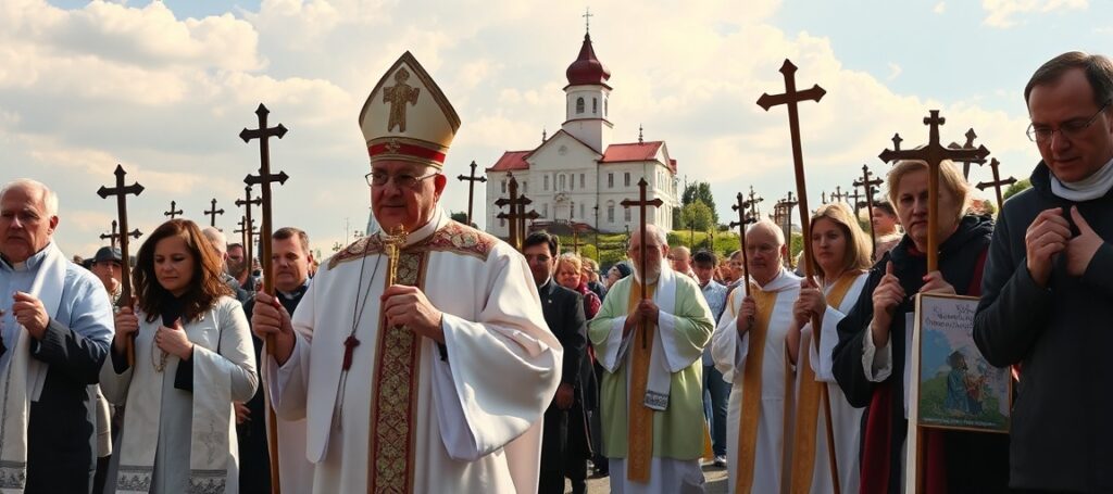 Obraz przedstawiający uroczystą pielgrzymkę Stowarzyszenia "Civitas Christiana" na Jasnej Górze w 2026 roku z udziałem arcybiskupa Andrzeja Przybylskiego i innych wiernych modlących się przed klasztorem.