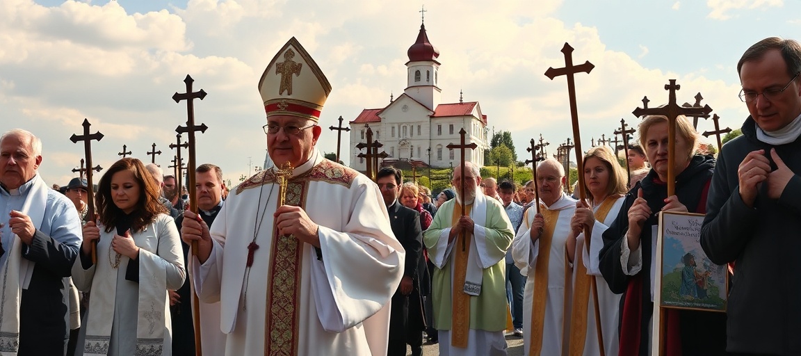 Obraz przedstawiający uroczystą pielgrzymkę Stowarzyszenia "Civitas Christiana" na Jasnej Górze w 2026 roku z udziałem arcybiskupa Andrzeja Przybylskiego i innych wiernych modlących się przed klasztorem.