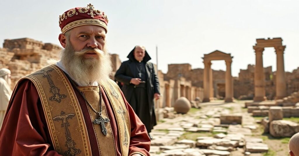 Portret św. Augustyna Hippońskiego w ruinach dawnej Hippony z współczesnym modernistycznym figurem Leonem XIV w tle.