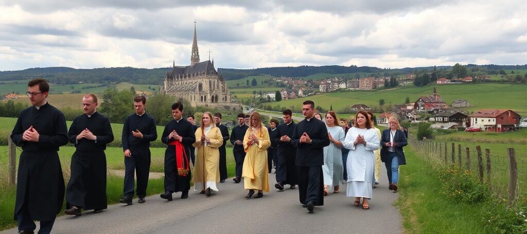 Młodzi katolicy podczas pielgrzymki z Paryża do Chartres w 2026 roku, idący po polnej drodze w tradycyjnych strojach religijnych.