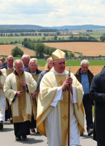 Pielgrzymka do Chartres: Ewangelizacja i moc Eucharystii Grupa 20 tysięcy pielgrzymów idących po francuskim krajobrazie podczas pielgrzymki do Chartres