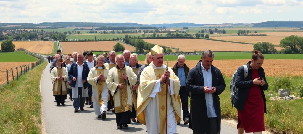 Grupa 20 tysięcy pielgrzymów idących po francuskim krajobrazie podczas pielgrzymki do Chartres