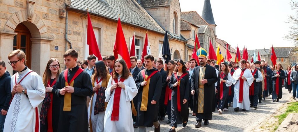 Grupa młodych katolików podczas pielgrzymki do Chartres, w tradycyjnych strójach religijnych, pod przewodnictwem księdza w sutannie. Sceneria to historyczne francuskie krajuobrazy z architekturą średniowieczną.