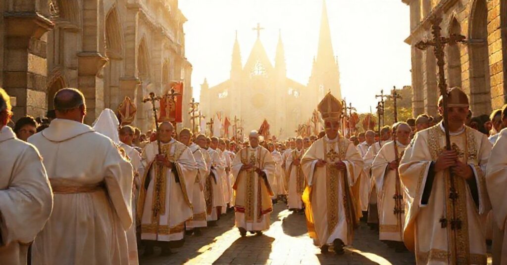 Grupa pielgrzymów idących w procesji ku katedrze w Chartres, prowadzona przez biskupa w liturgicznych szatach, z chorągwiami i różańcami. Scena jest oświetlona złotym światłem słońca, wywołując poważność i duchową pobożność. Zdjęcie oddaje istotę tradycyjnego kultu katolickiego z naciskiem na świętość liturgii i ważność czystości doktryny.