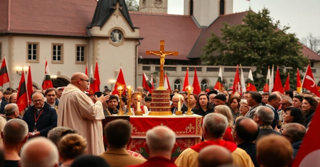 Obrzędowa pielgrzymka do Licynia w 2026 roku z udziałem 'abp.' Józefa Kupnego podczas homilii na tle Kuźnicy Marjańskiej
