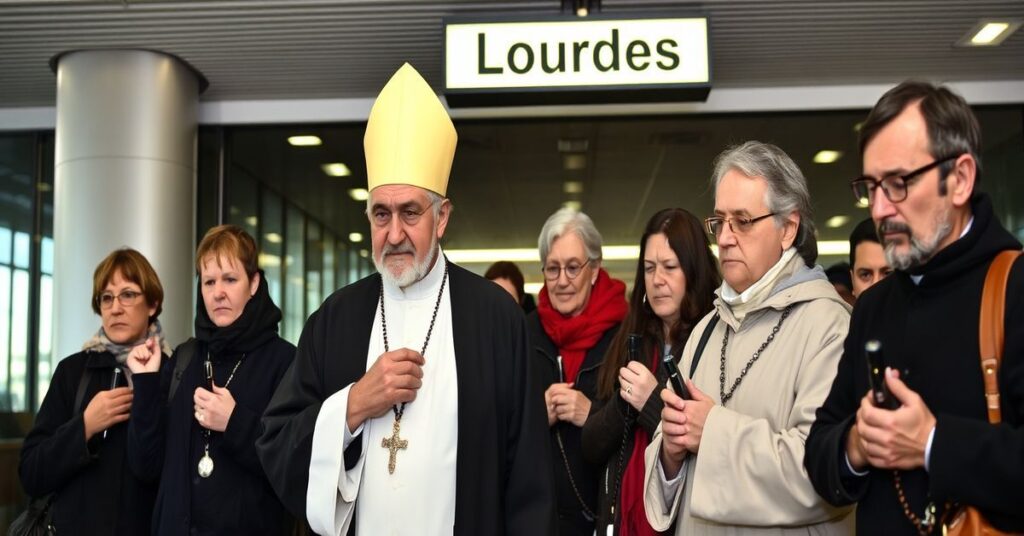 Grupa pielgrzymów modlących się w lotnisku im. Jana Pawła II w Krakowie przed wylotem do Lourdes