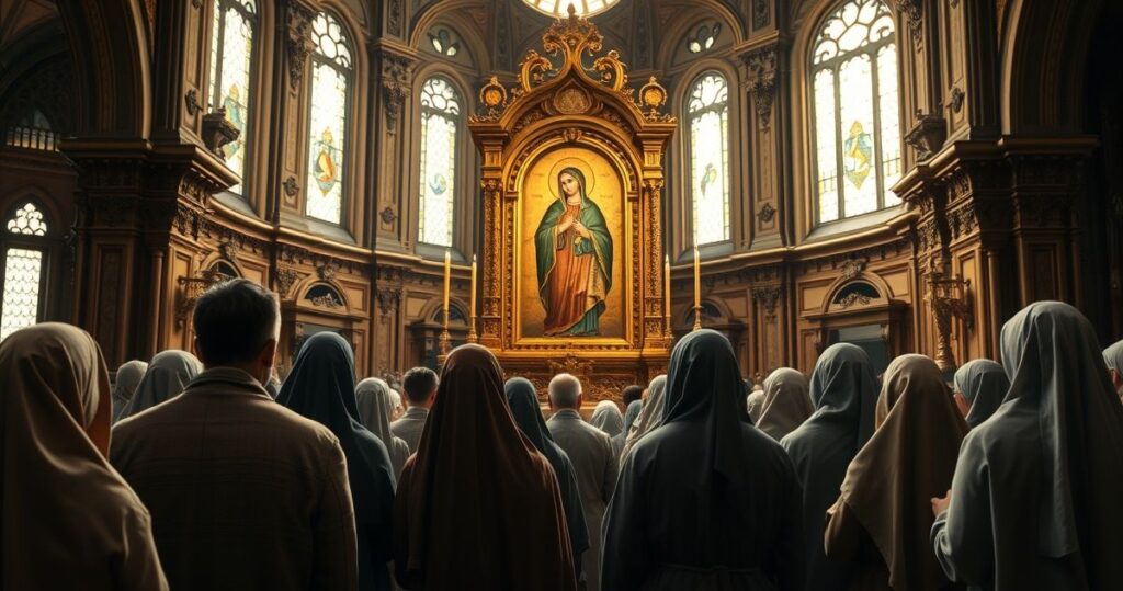 Rekolekcyjna scena pielgrzymów modlących się przed ikoną Matki Bożej Częstochowskiej w tradycyjnej, katolickiej atmosferze