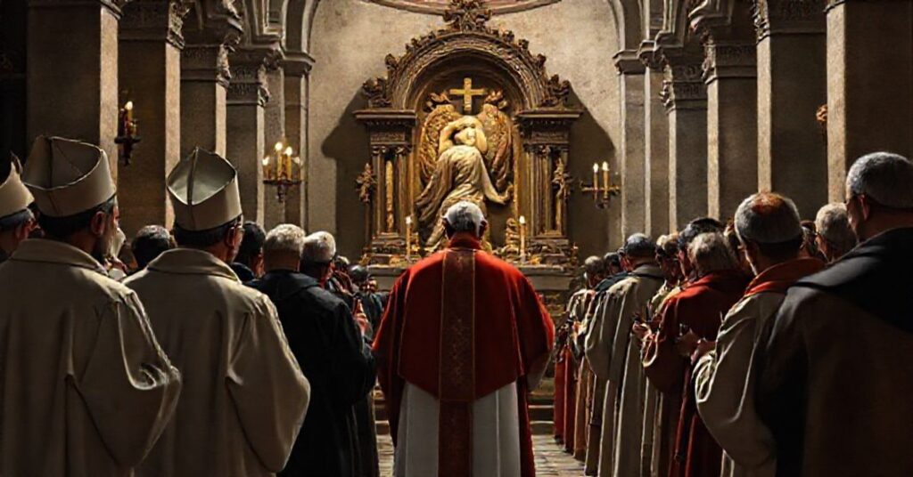 Pielgrzymi modlący się przed szczątkami Św. Stanisława Kostki w tradycyjnym kościełu katolicznym.