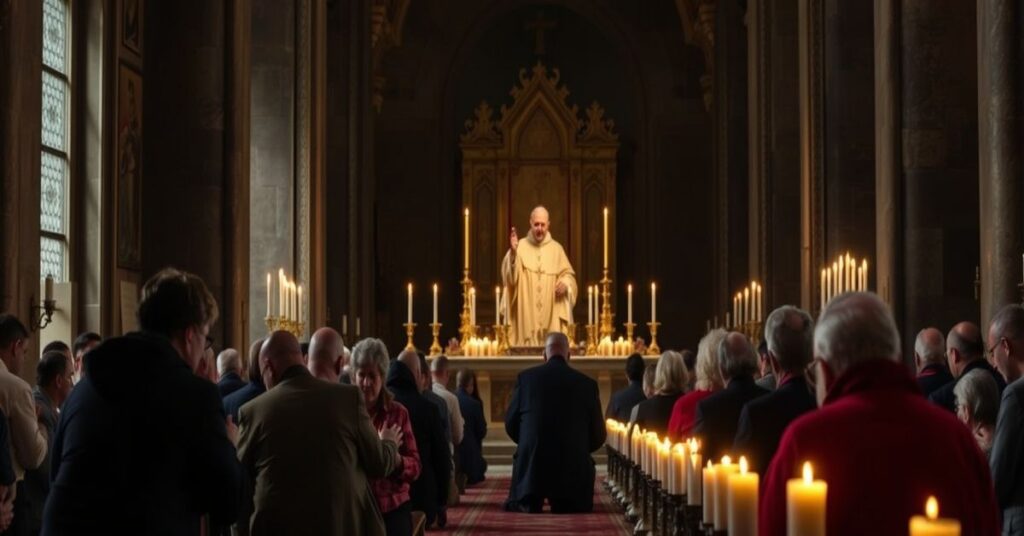 Grupa osób z niepełnosprawnościami modli się przed tradycyjnym ołtarzem katolickim podczas pielgrzymki do Rzymu. Na tle widoczny jest ciemny sylwet Józefa Ratzingera - Antypapieża Benedykta XVI