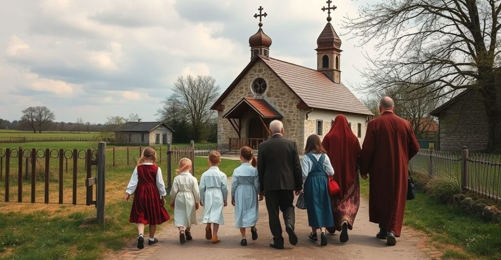 Autentyczna scena pielgrzymki dzieci i rodzin w Rostkowie, ukazująca katolickie oddanie i modlitwę przy historycznym kościele, z szacunkiem dla tradycji i wiary