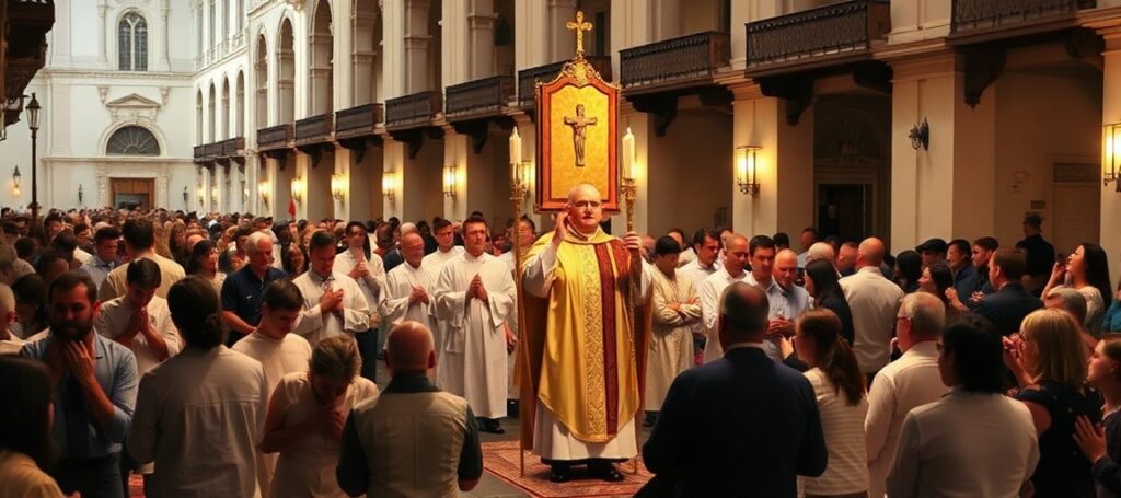 Pielgrzymka eucharystyczna w St. Augustine na Florydzie - tradycyjny procesja katolicki z monstrancją i modlącymi się pielgrzymami.