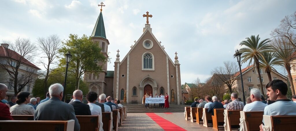 Procesja pielgrzymka eucharystyczna w St. Augustine na Florydzie z Najświętszym Sakramentem przed katedrą bazyliki św. Augustyna