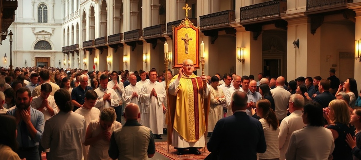 Pielgrzymka eucharystyczna w St. Augustine na Florydzie - tradycyjny procesja katolicki z monstrancją i modlącymi się pielgrzymami.