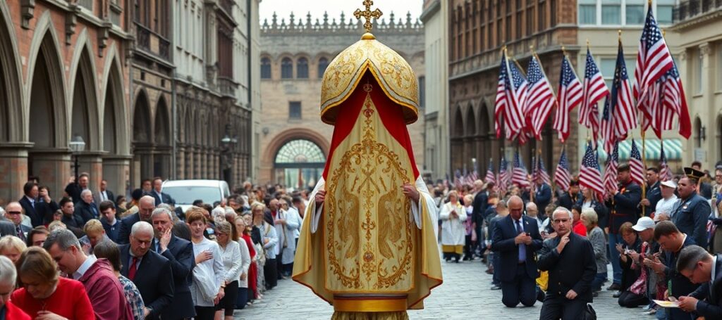 Pielgrzymka eucharystyczna w tradycyjnym katolickim kontekście z procesją Najświętszego Sakramentu pod baldachimem.