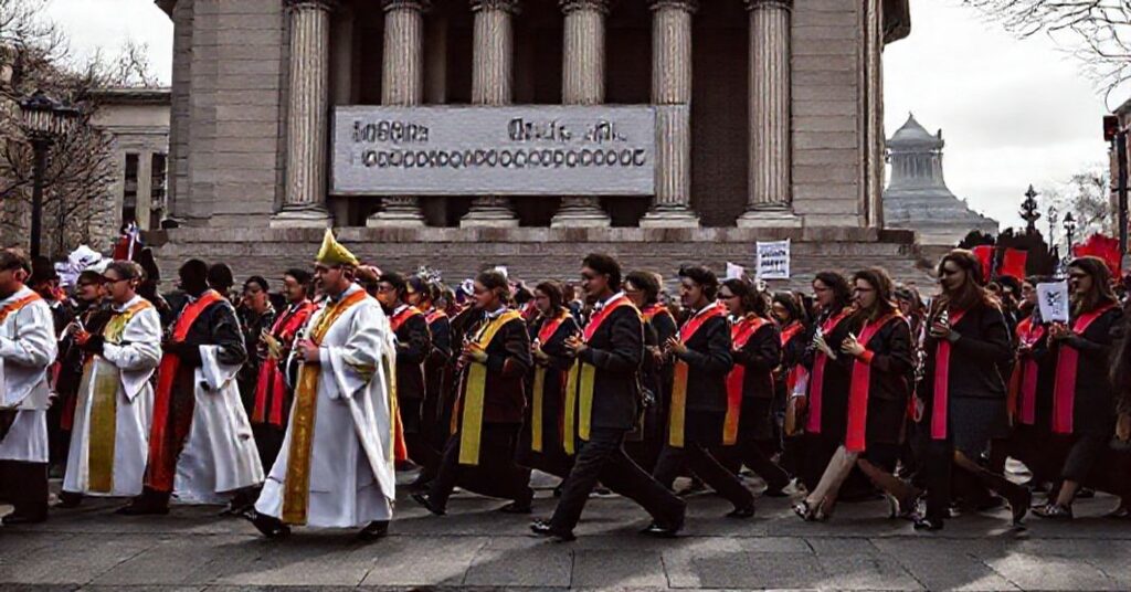 Pielgrzymka katolicka przed budynkiem rządowym w Filadelfii z napisem 'aborcja jest prawem człowieka'.