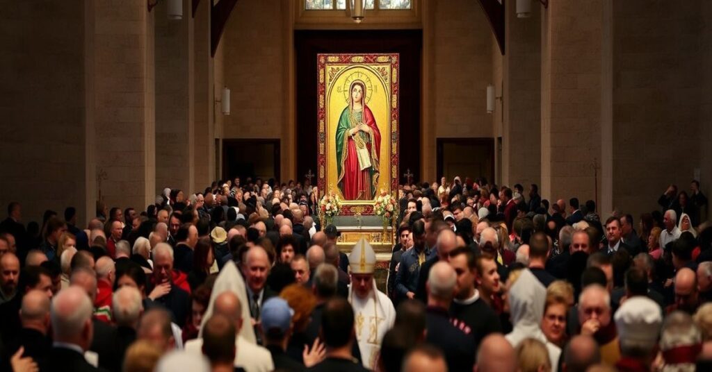 Pielgrzymka katolicka z kontrowersyjną ikoną Matki Bożej Częstochowskiej w modernistycznym kościele św. Kazimierza w Gdańsku