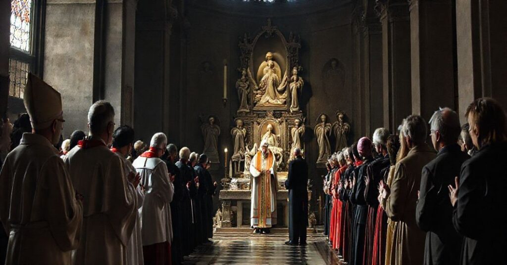 Grupa pielgrzymów w bazylice modli się przed relikwiami św. Wojciecha, pod przewodnictwem fałszywego biskupa. Scena ukazuje tragiczny synkretyzm religijny.