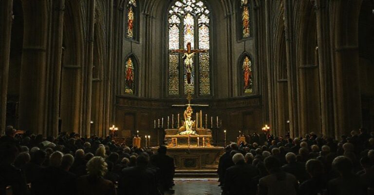 Grupa członków Instytutów Świeckich modli się przy grobie Stefana Wyszyńskiego w Archikatedrze Warszawskiej podczas pielgrzymki w 2025 roku.