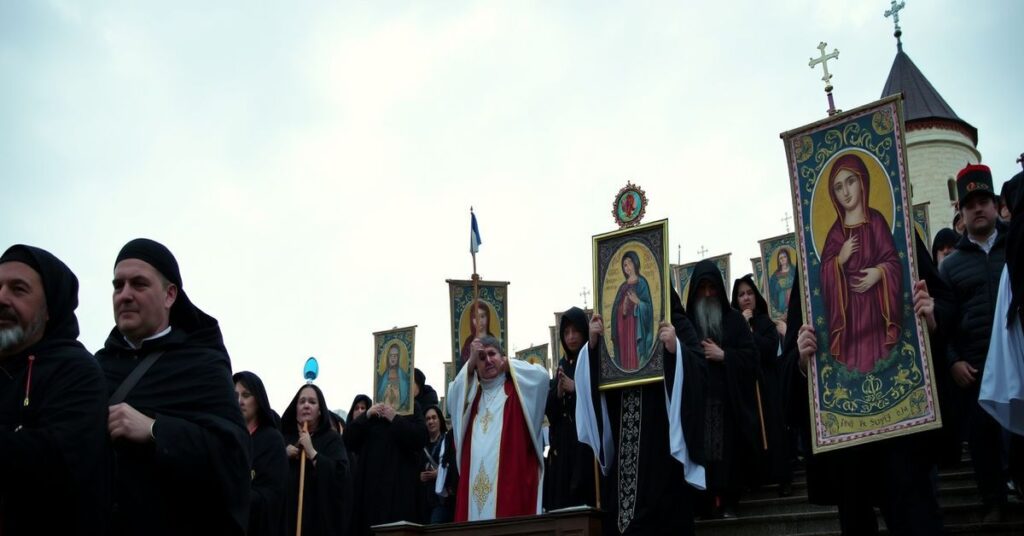 Pielgrzymka katolicka na Jasną Górę z biskupem Wacławem Depo na czele - tradycyjne symbole religijne i modlitwa za ochronę życia.