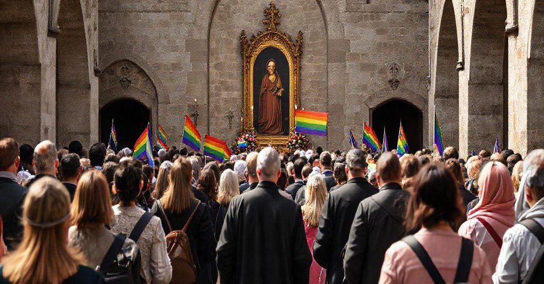 Pielgrzymka do Jasnej Góry z widocznymi motywami modernistycznymi i tradycyjnymi katolickimi symbolami