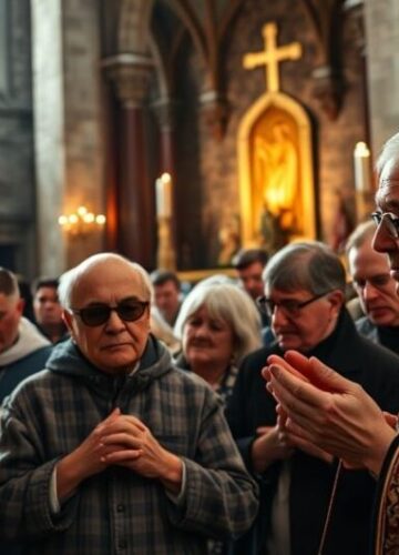 Pielgrzymka na Jasnej Górze z osobami niesłyszącymi – tradycyjna i duchowa scena katolicka Fotografia realistyczna i pełna szacunku, przedstawiająca pielgrzymkę na Jasnej Górze z osobami niesłyszącymi, w tradycyjnych szatach liturgicznych, ukazująca powagę i duchowość wydarzenia.