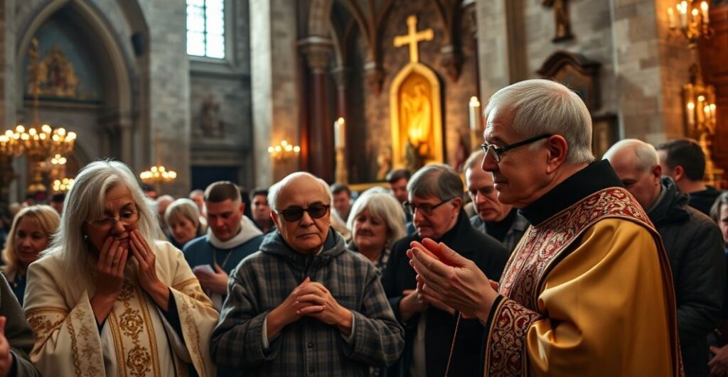 Fotografia realistyczna i pełna szacunku, przedstawiająca pielgrzymkę na Jasnej Górze z osobami niesłyszącymi, w tradycyjnych szatach liturgicznych, ukazująca powagę i duchowość wydarzenia.