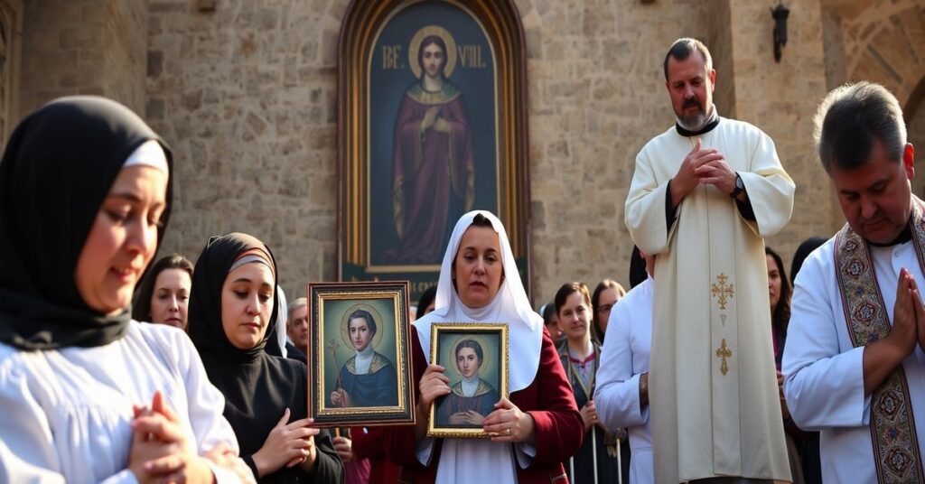 Grupa pielgrzymów modląca się przed obrazem Matki Bożej na Jasnej Górze w tradycyjnym katolickim stylu.