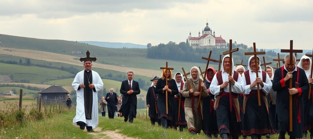 Grupa katolickich pielgrzymów idących ku Jasnej Górze w tradycyjnych strojach religijnych.