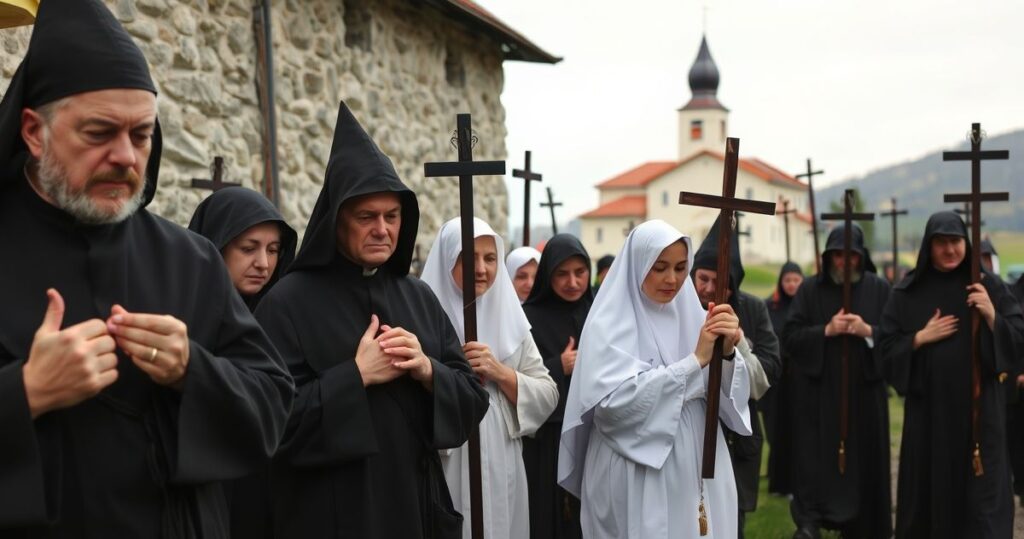 Fotografia realistycznego, pełnego szacunku obrazu pielgrzymów katolickich przy Jasnej Górze, skupionych na modlitwie i tradycyjnej wierze