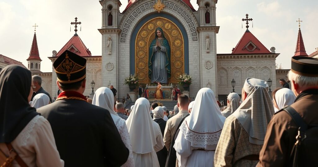 Fotografia realistyczna pielgrzymów katolickich na Jasnej Górze, modlących się przed ikoną Matki Bożej w duchu pokory i wiary tradycyjnej katolickiej wspólnoty.