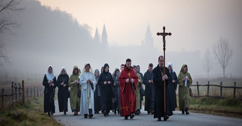 Tradycyjna pielgrzymka katolicka w kierunku Jasnej Góry z kapłanem prowadzącym procesję i modlącymi się wierzącymi.