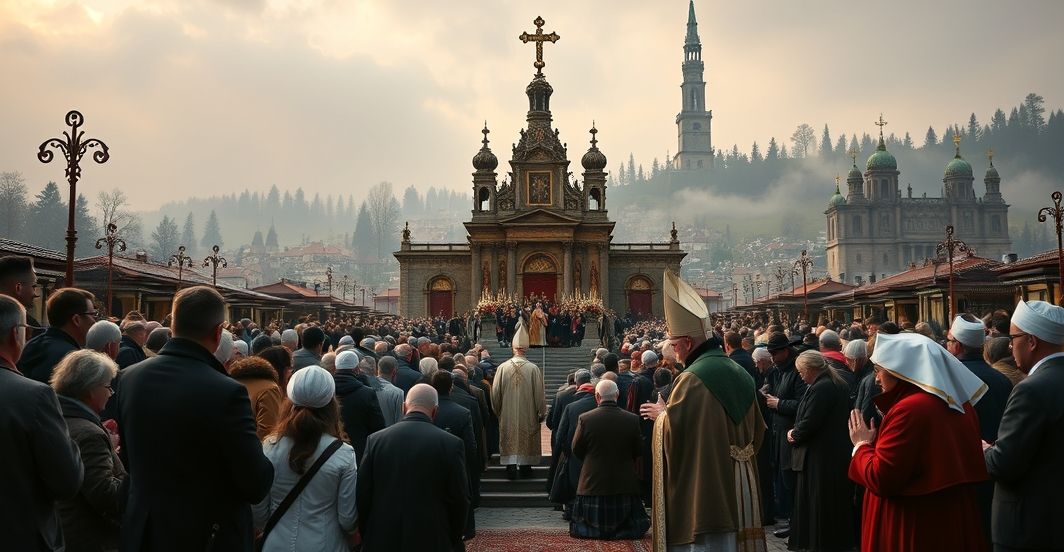 Tradycyjna pielgrzymka katolicka do Jasnej Góry z tradycyjnymi elementami: modlitewnikami i krzyżami.