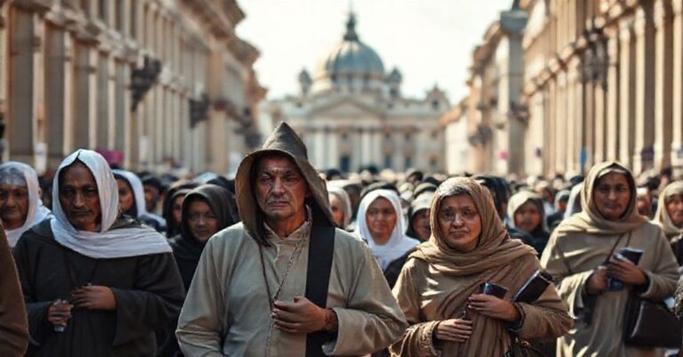 Grupa pielgrzymów idąca do Watykanu w ramach Jubileuszu Ubogich 2025