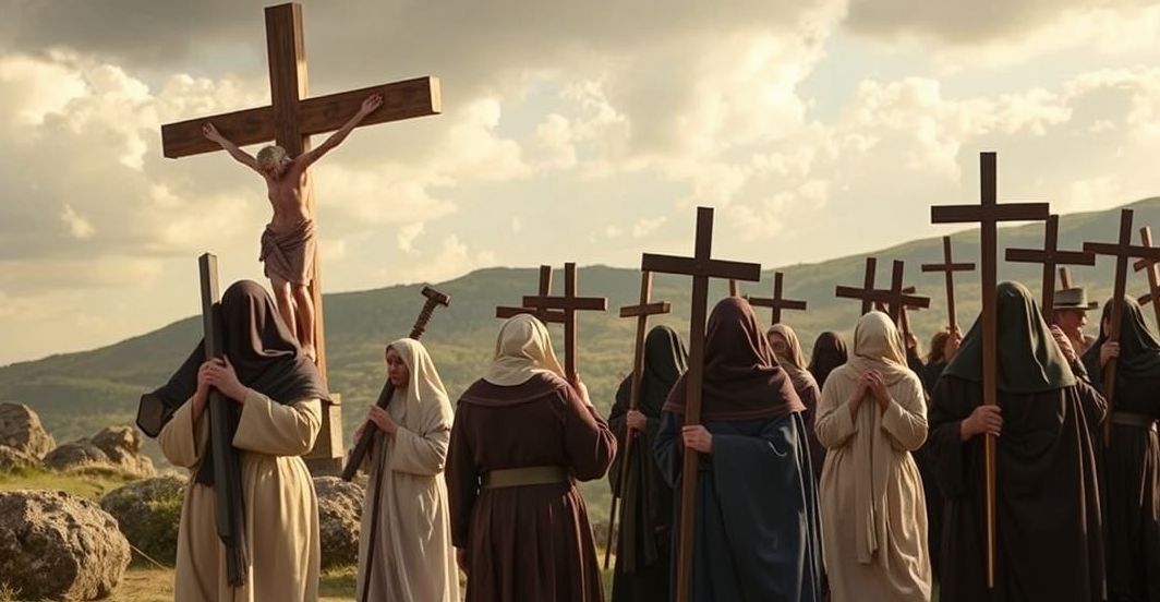 Uczestnicy pielgrzymki na Kalwarii, ukazujący głęboką pobożność i oddanie podczas katolickiego nabożeństwa na zewnątrz, w tradycyjnych strojach, podkreślając duchową głębię i szacunek dla ofiary Chrystusa.